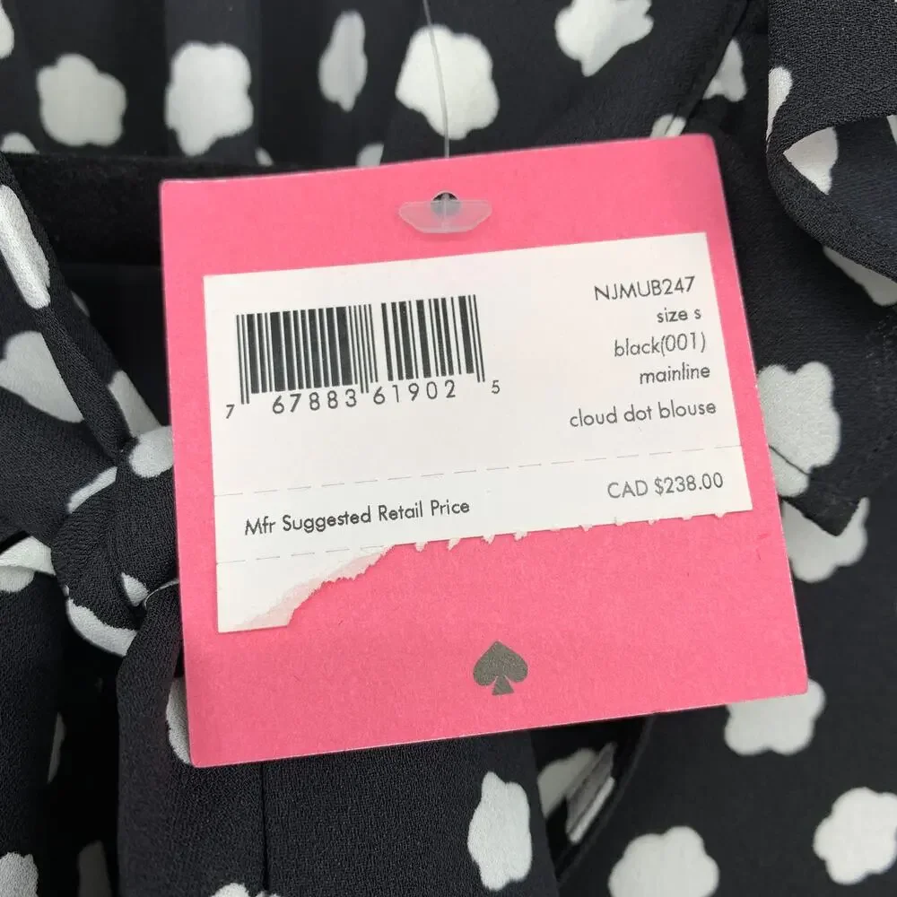 Kate Spade Cloud Dot Blouse Womens Size Small Ruffle Tie Neck Black White NEW